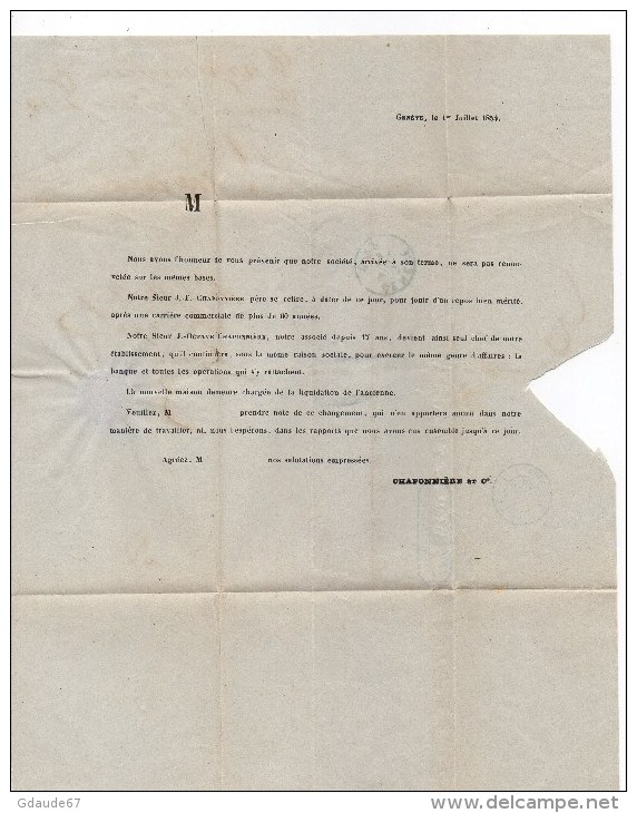 1854 - LETTRE De GENEVE Pour PARIS Avec CACHET D'ENTREE ROUGE SUISSE 4 FERNEX - Cartas & Documentos