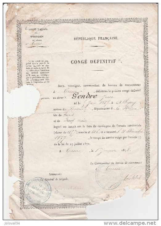 Congé Définitif  1/1/1878 8è Corps D´armée Cosne - Infanterie - Alligny Nièvre - état Voir Scan - Documents