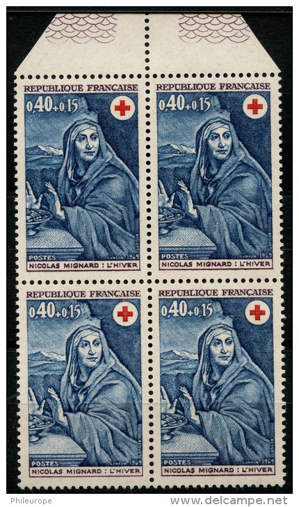 France (1969) N 1620 ** (Luxe) Bleu Pale Tenant A Un Normal (Bloc De 4) - Rotes Kreuz