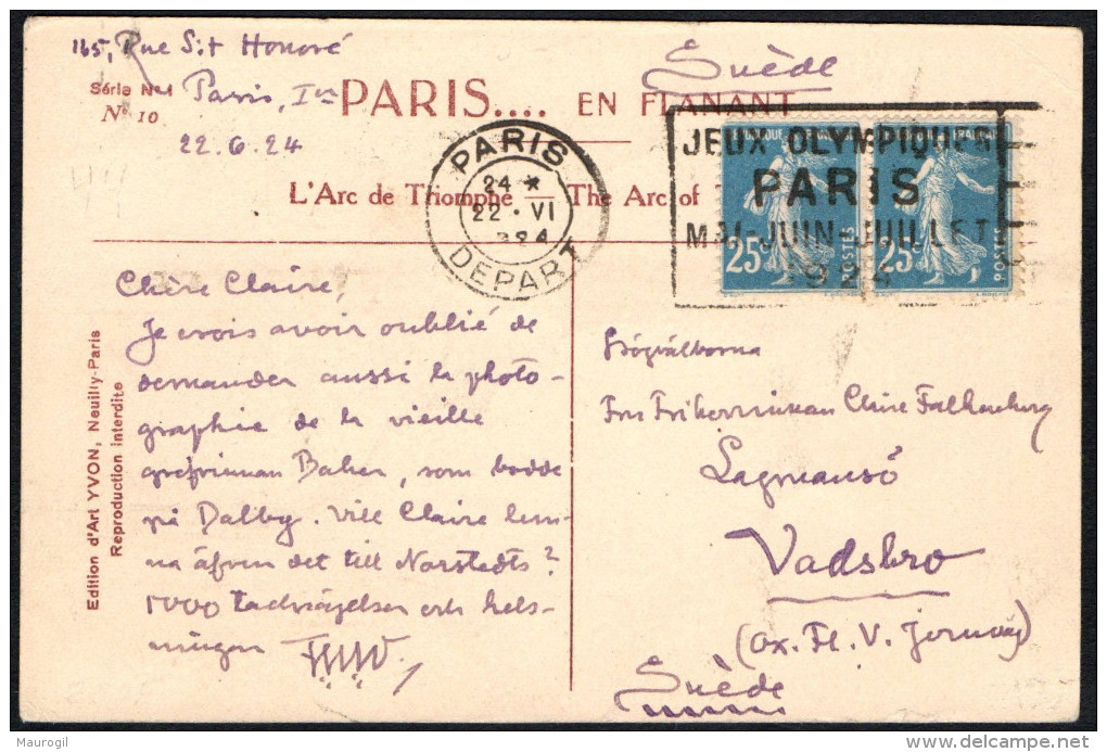 FRANCE PARIS DEPART 22 VI 1924 - OLYMPIC GAMES PARIS 1924 - MAILED POSTCARD: L'ARC DE TRIOMPHE - Estate 1924: Paris