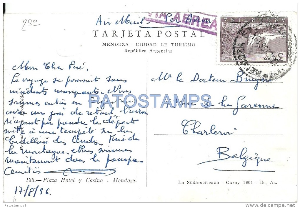 18794 ARGENTINA MENDOZA PLAZA HOTEL Y CASINO CIRCULATED TO BELGIUM BELGICA POSTAL POSTCARD - Argentina