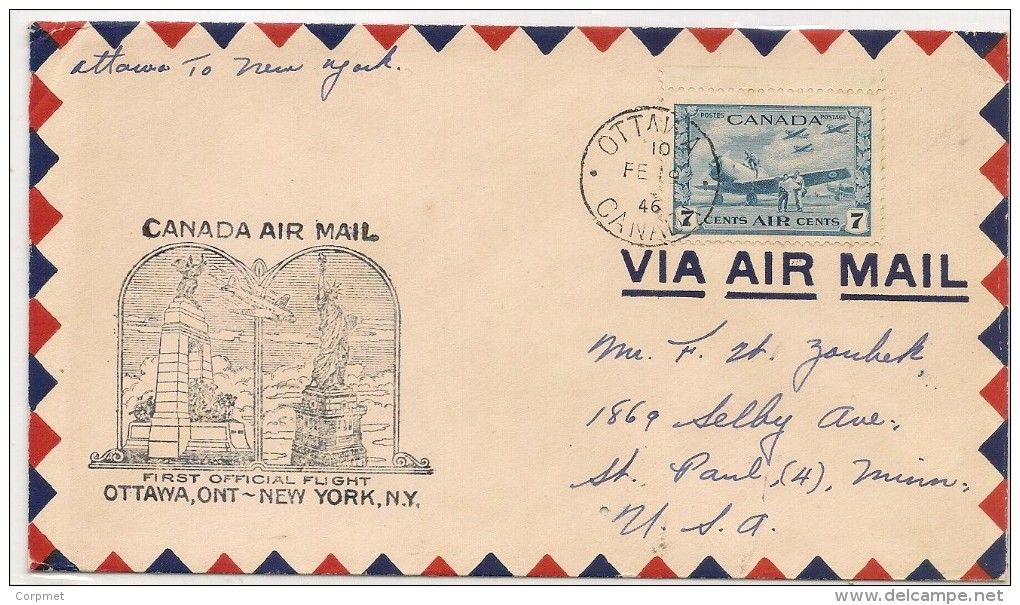 CANADA - 1946 FIRST OFFICIAL FLIGHT COVER  OTTAWA, ONT To NEW YORK, NY - Premiers Vols