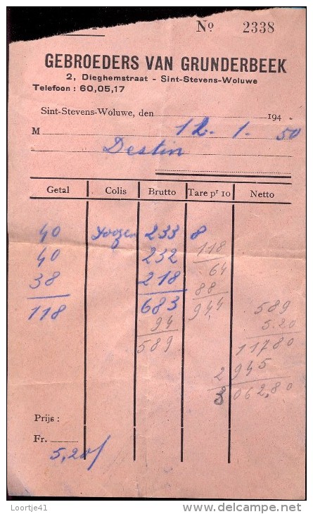 Faktuur Facture - Gebrs Van Grunderbeek Sint Stevens Woluwe 1950 - ... - 1799