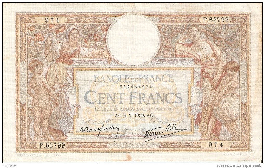 BILLETE DE FRANCIA DE 100 FRANCOS DEL 2-2-1939 LUC OLIVIER MERSON  (BANKNOTE) - 100 F 1908-1939 ''Luc Olivier Merson''