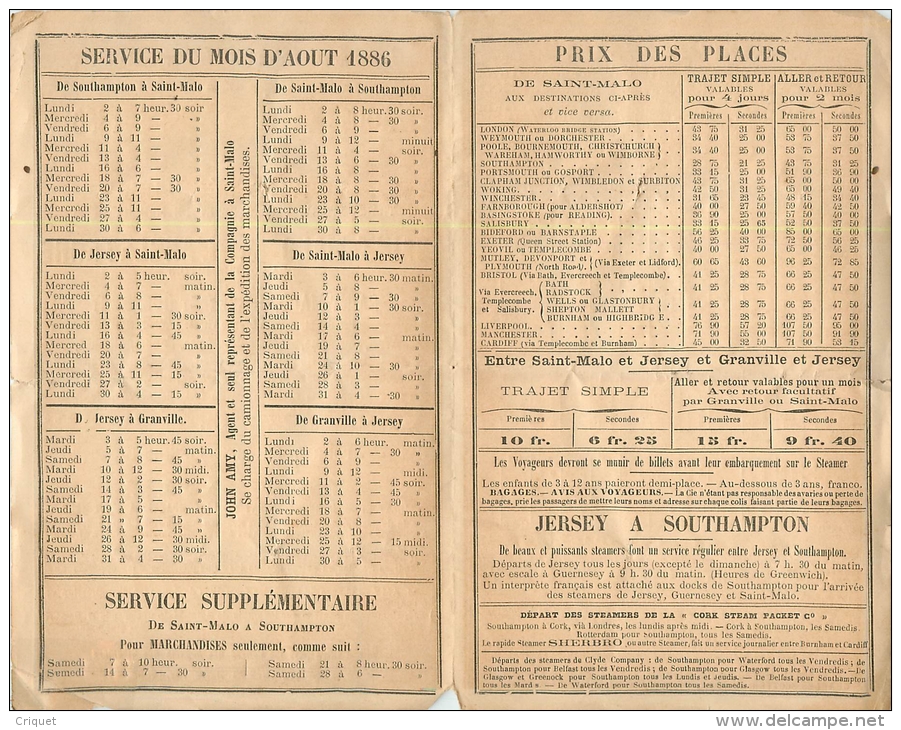 Horaire Aout 1886 Ligne St Malo-Angleterre-Jersey-Guernsey , London And South-Westen Railway, Beau Document - Europe