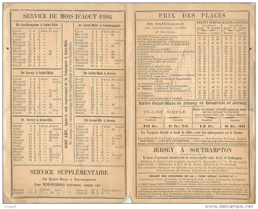 Horaire Aout 1886 Ligne St Malo-Angleterre-Jersey-Guernsey , London And South-Westen Railway, Beau Document - Europa