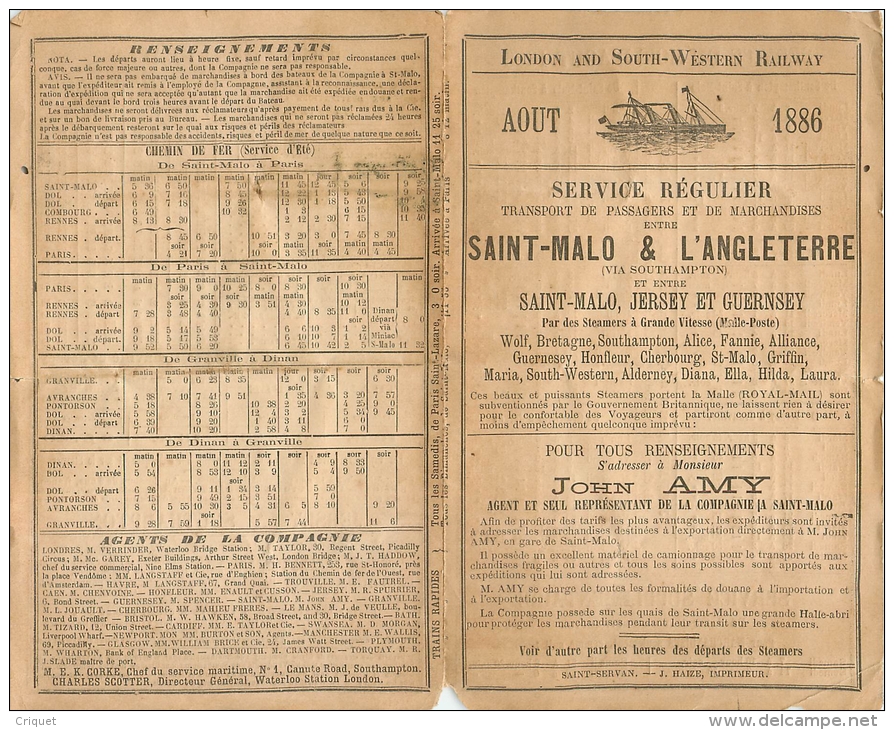 Horaire Aout 1886 Ligne St Malo-Angleterre-Jersey-Guernsey , London And South-Westen Railway, Beau Document - Europa