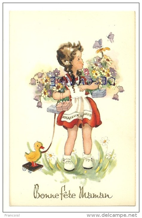 Bonne Fête Maman. Petite Fille, Fleurs, Papillons Et Cadeaux. Canard Sur Roulettes Coloprint 4478 - Fête Des Mères