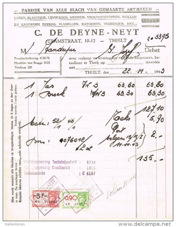 Tielt - Factuur C.De Deyne - Neyt ( 22.11.1943); Blauwe Stempel - 1900 – 1949