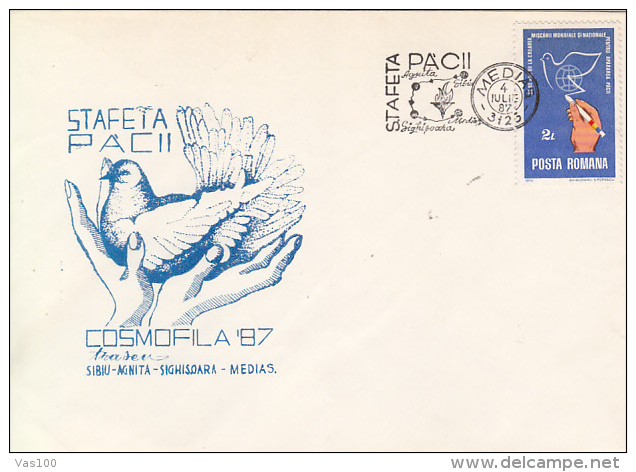 INTERNATIONAL PEACE MOVEMENT, PEACE RELAY RACE SIBIU-MEDIAS, SPECIAL COVER, 1987, ROMANIA - Cartas & Documentos