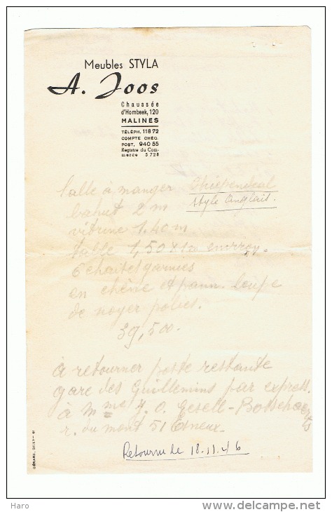 Lettre à Entête - Meubles " STYLA" A. JOOS - MECHELEN - MALINES 1946 (k) - 1900 – 1949