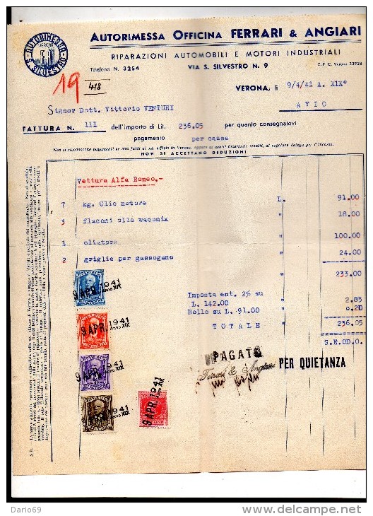 1941   FATTURA   VERONA   -   AUTORIMESSA FERRARI & ANGIARI - Italia