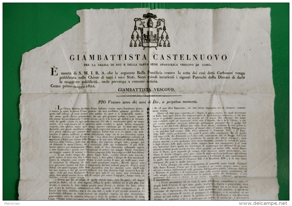 D-IT Como 1822 Incredibile Bolla Papale Contro La Setta Dei Così Detti Carbonari - Historische Dokumente