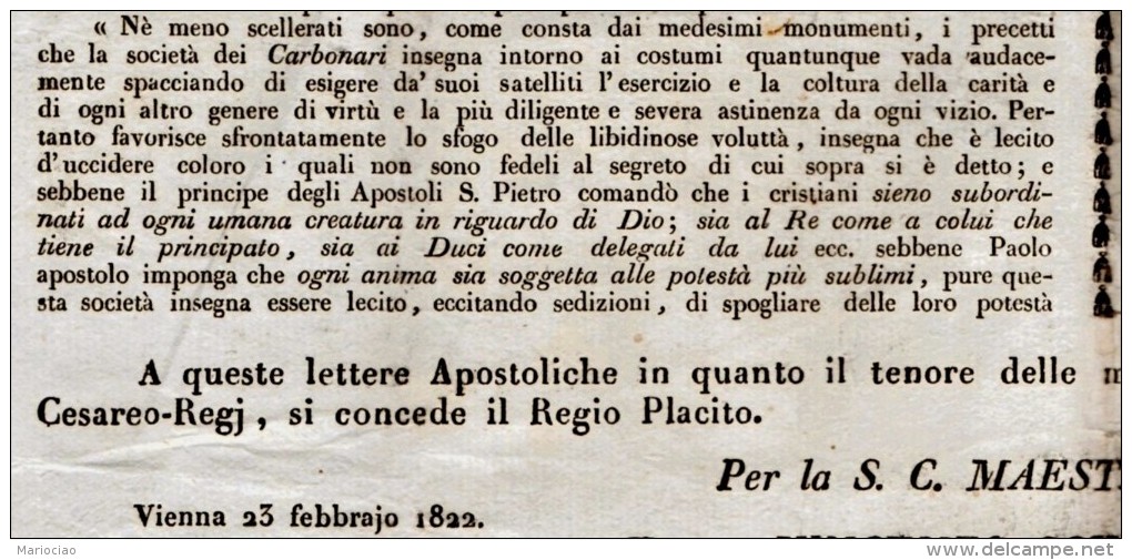 D-IT Como 1822 Incredibile Bolla Papale Contro La Setta Dei Così Detti Carbonari - Historische Dokumente