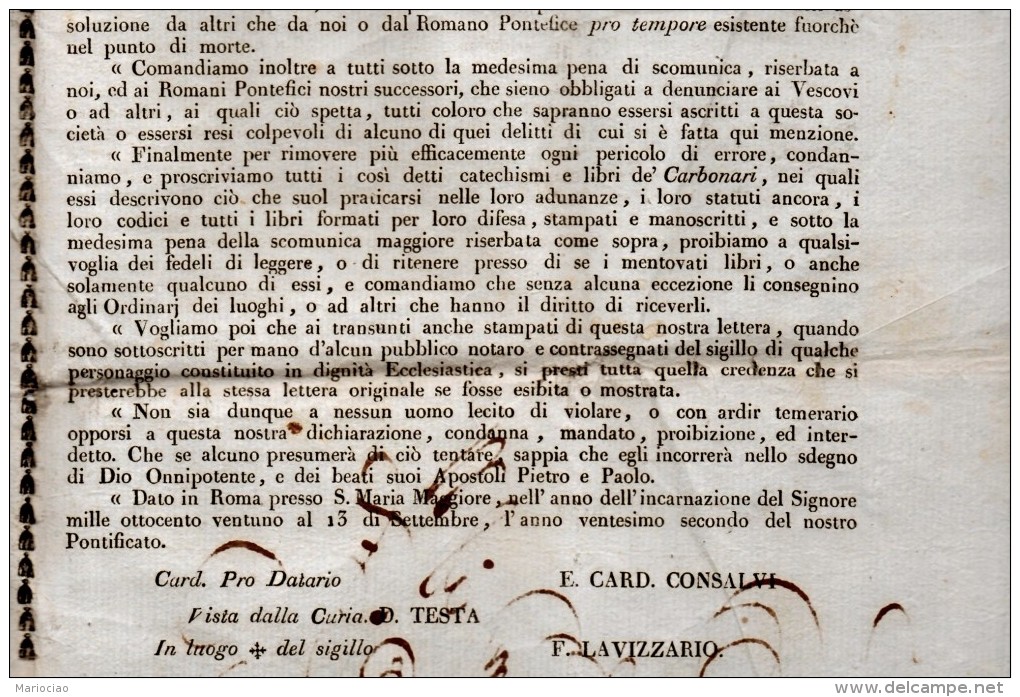 D-IT Como 1822 Incredibile Bolla Papale Contro La Setta Dei Così Detti Carbonari - Historische Dokumente