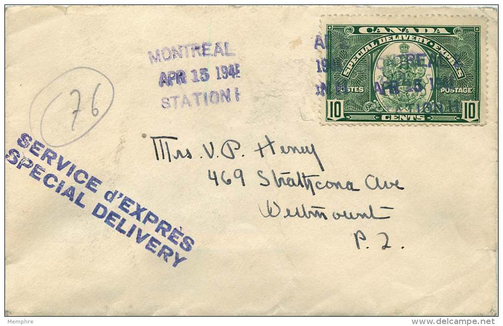 Special Delivery Expres Stamp Sc E7 On 1941 Montreal Cover - Covers & Documents