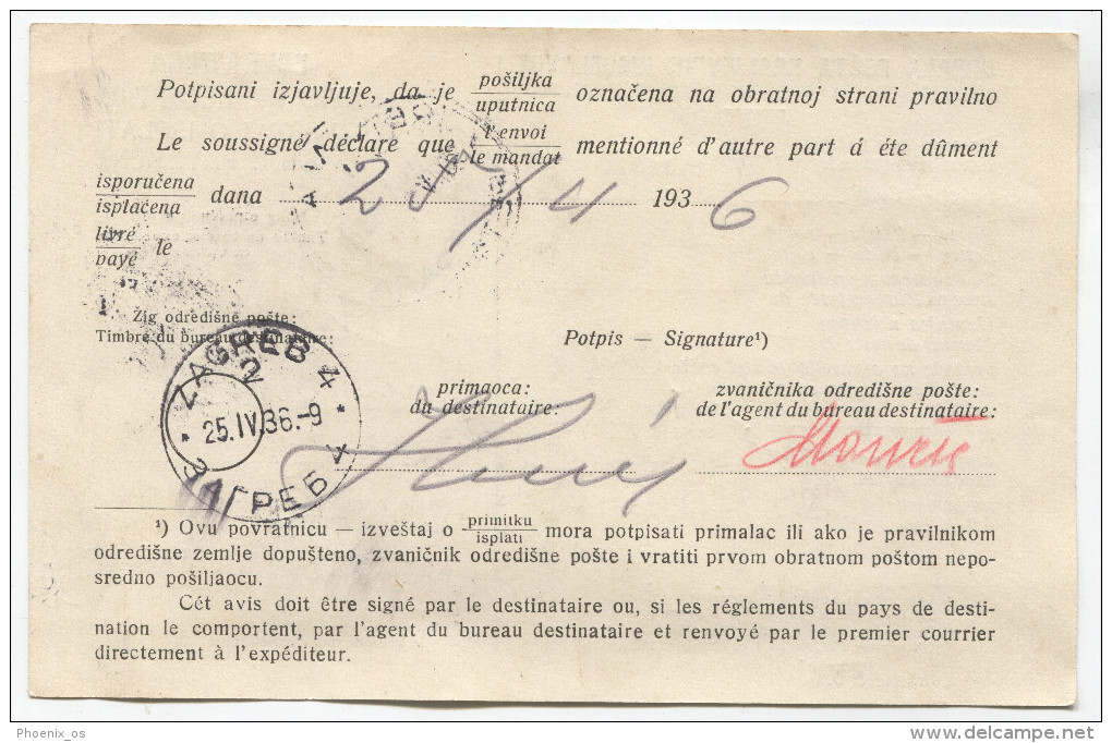 Kingdom Of Yugoslavia - ZAGREB RETFALA ( Osijek ) Returnee Rapatries 1936. Notice Of Receipt, Postal Stationery - Postal Stationery