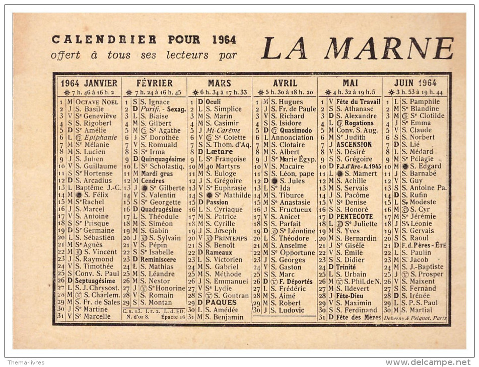 Petit Calendrier LA MARNE 1964 (PPP1313) - Petit Format : 1961-70