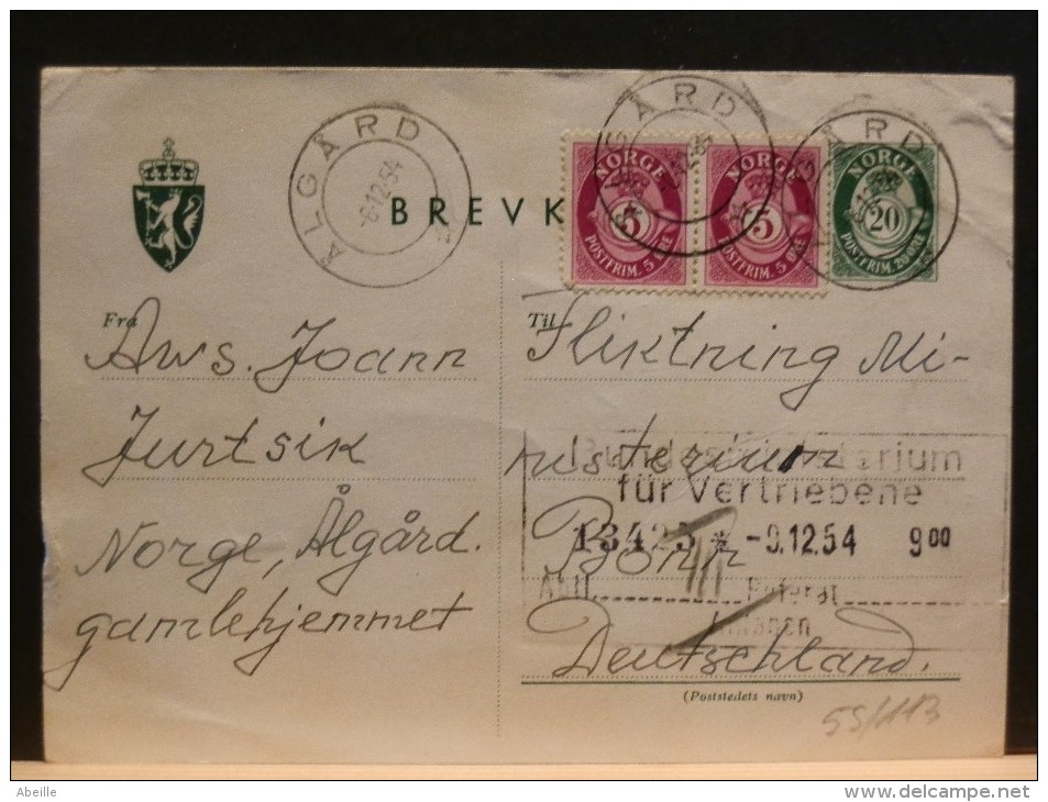 54/113   CP  1954   POUR ALLEMAGNE - Postal Stationery