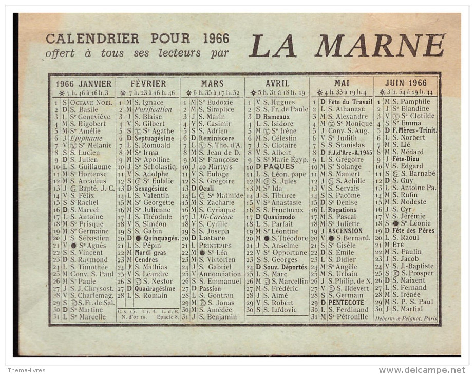 Petit Calendrier 1966 LA MARNE (PPP1318) - Petit Format : 1961-70