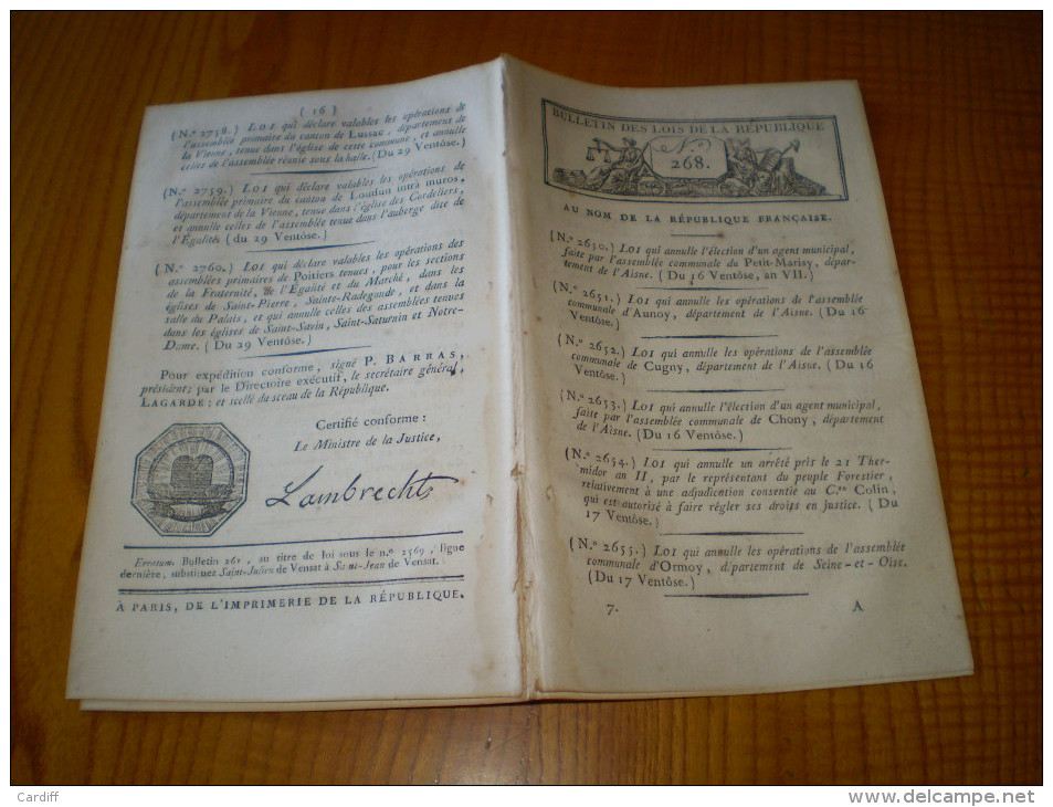 An VII:Annulation Opération Assemblées Communales De Seine Et Oise,de L'Aisne.Brevet Japy Horloger.Navigation Bâtiments - Décrets & Lois