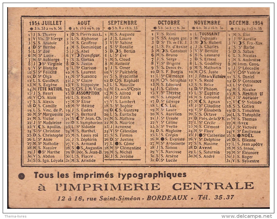 Petit Calendrier 1954 IMPRIMERIE CENTRALE (bordeaux) (PPP1321) - Petit Format : 1941-60