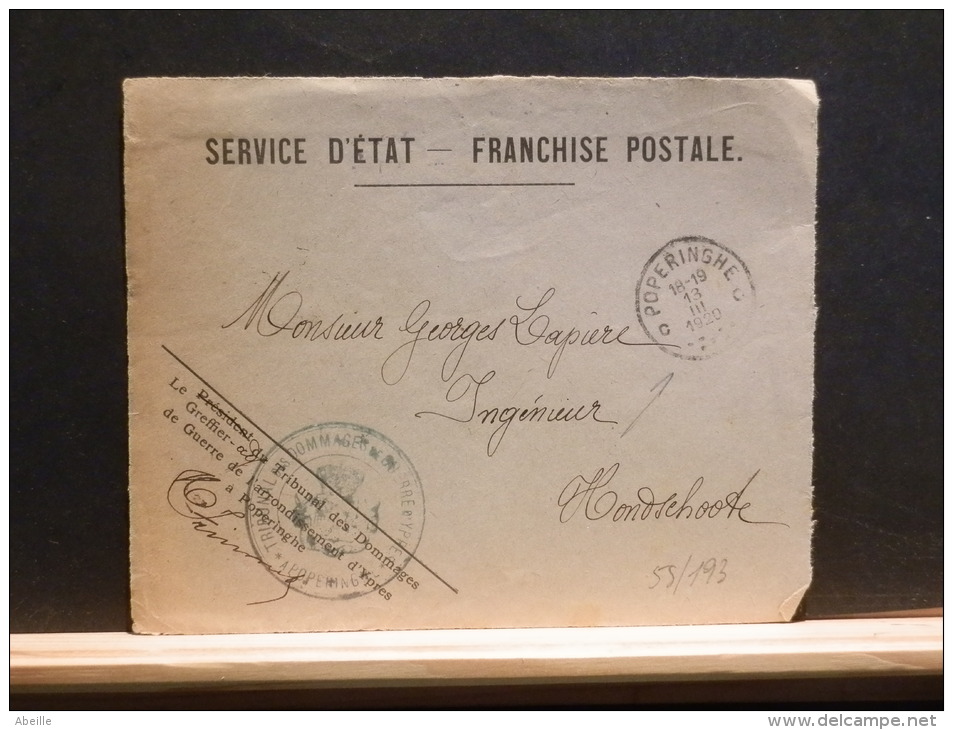 55/193    DEVANT    LETTRE  BELGE PORTVRIJDOM  OBL.  1920  POPERINHE - Franchise