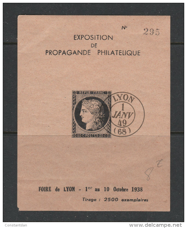 FRANCE FEUILLET DE PROPAGANDE POUR EXPOSITION PHILATELIQUE DE 1949 CACHET LYON 1ER JANVER 1949 NUMEROTE 295 TIRAGE* 2500 - Covers & Documents