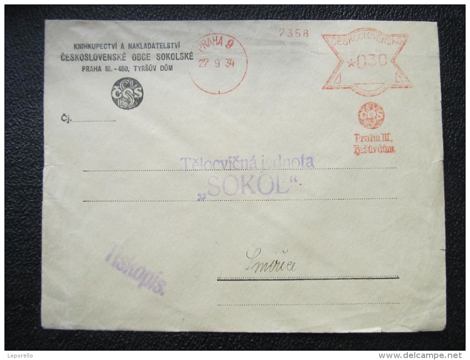 BRIEF Frankotype Postfreistempel 1934 PRAHA 9 COS Sokol //  T8704 - Briefe U. Dokumente