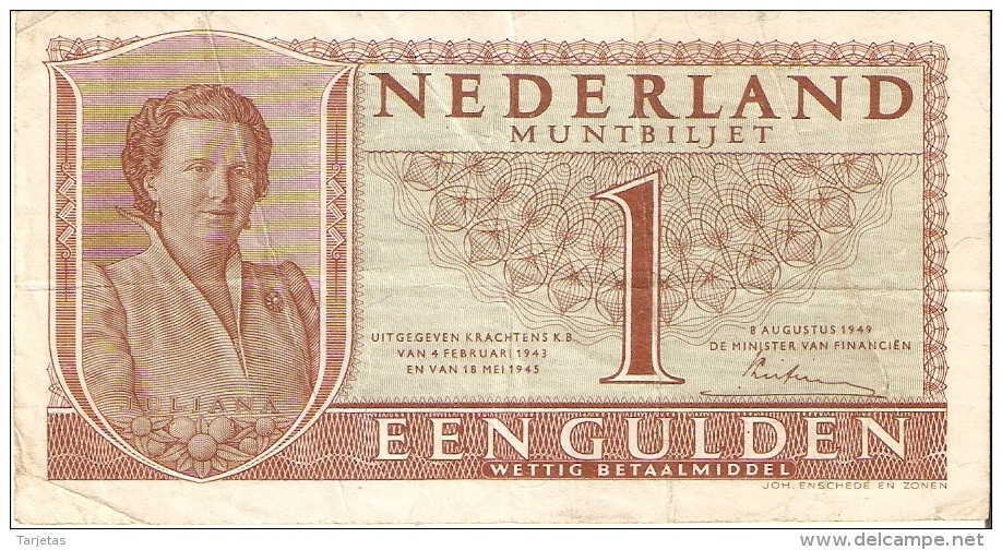 BILLETE DE HOLANDA DE 1 GULDEN DEL AÑO 1949  (BANKNOTE) JULIANA - 1 Gulde