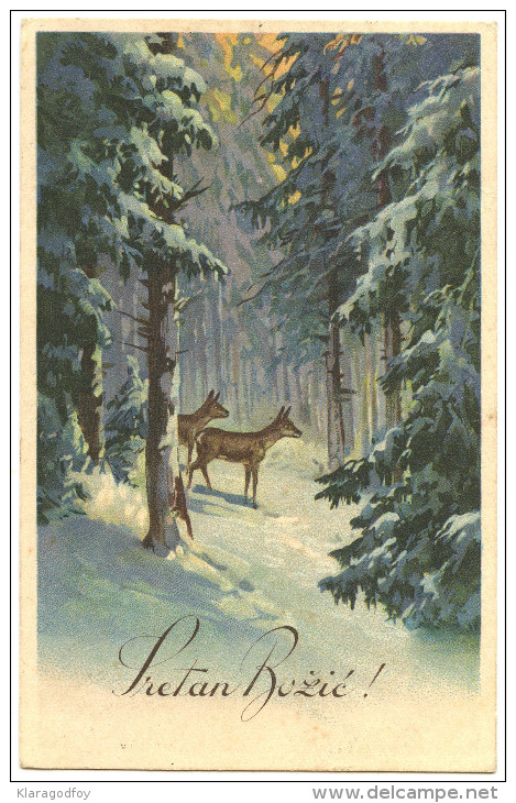 Old Vintage Christmas Greeting Postcard - Deer -  Travelled 1938 In Yugoslavia Bb150930 - Other & Unclassified