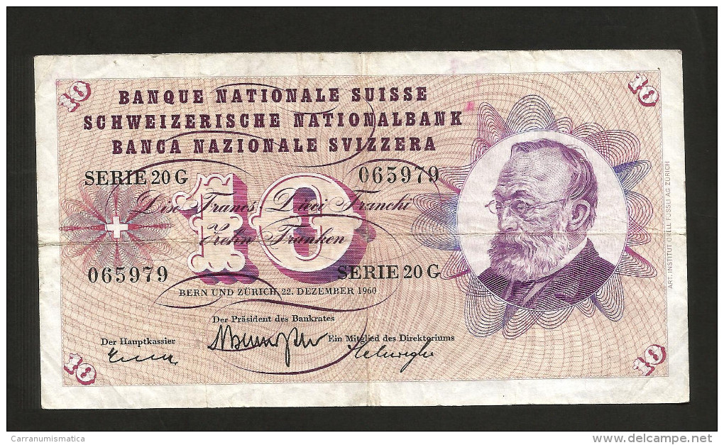 [CC] SVIZZERA / SUISSE / SWITZERLAND - NATIONAL BANK - 10 FRANCS / FRANKEN (1960) G. KELLER - Svizzera