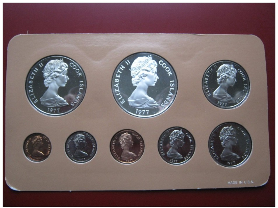 Cook Islands Set Of 8 Coins: 1 Cent - 5 Silver Dollars 1977 Proof Sealed In Card Case With COA Franklin Mint - Cook Islands