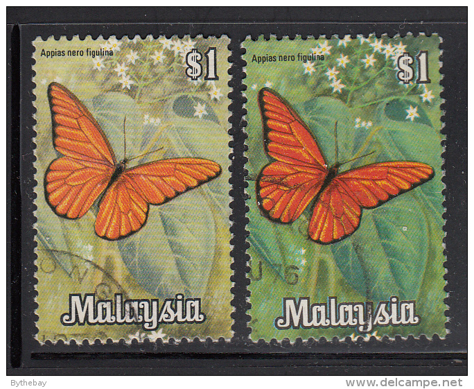 Malaysia Used Scott #70 $1 Orange Albatross Butterfly Variety: Left Stamp Missing Dark Green; Right Normal - Malaysia (1964-...)