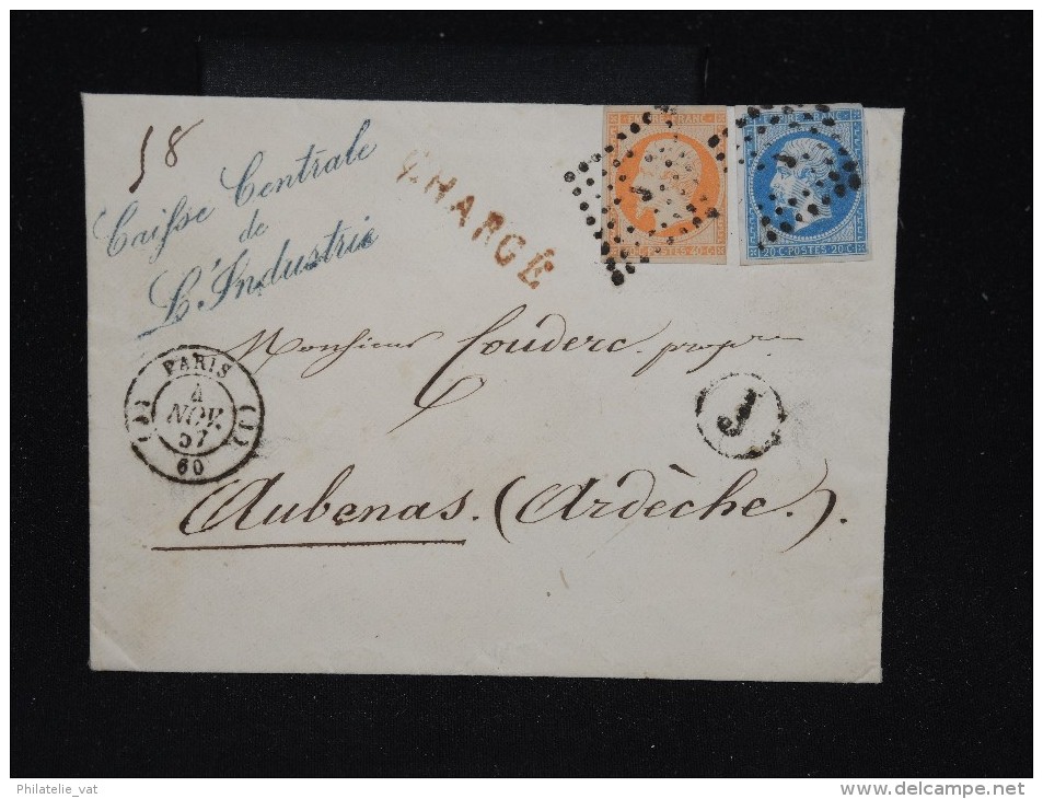 FRANCE - Enveloppe Chargée De Paris Pour Aubenas En 1857 - Obl. Losange J - Aff Bicolore - A Voir - Lot P10276 - 1849-1876: Période Classique