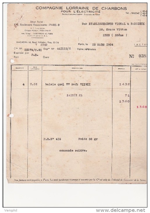 FACTURE -COMPAGNIE LORRAINE DE CHARBONS POUR L'ELECTRICITE -  PARIS 8 E -  ANNEE 1934 - Elettricità & Gas