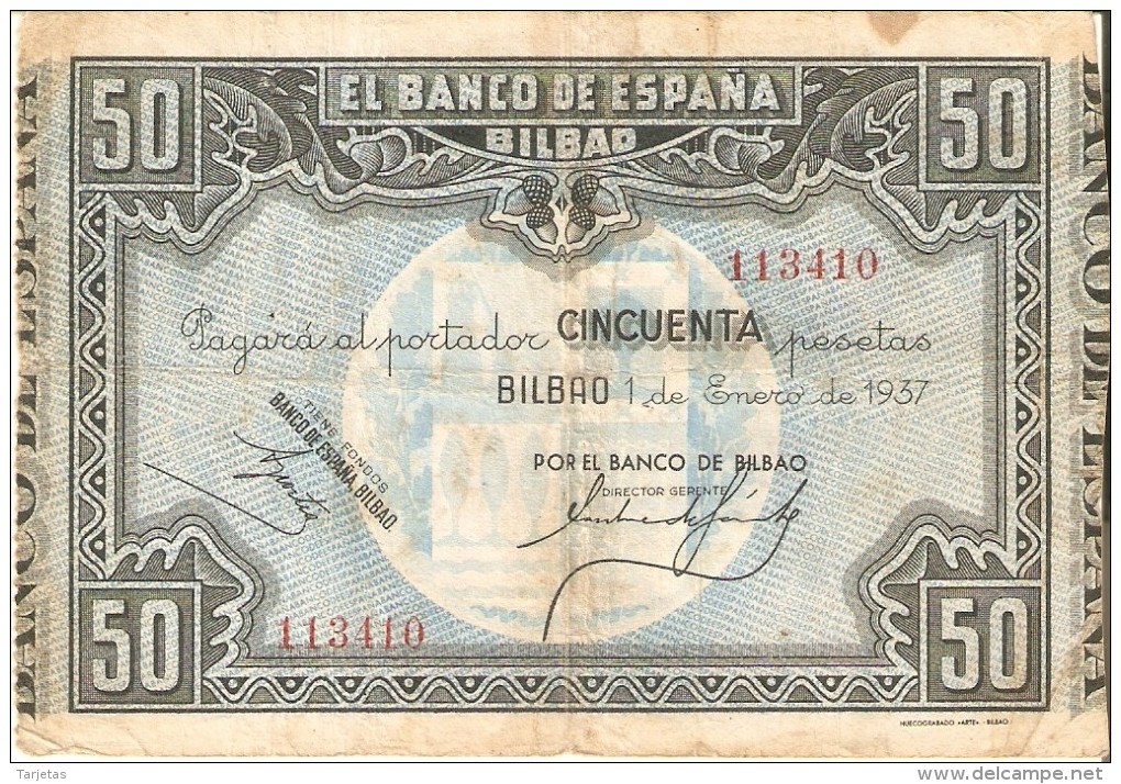 BILLETE DE ESPAÑA 50 PTAS DEL BANCO DE BILBAO 1937 - FIRMA BANCO DE BILBAO   (BANKNOTE) - 50 Pesetas