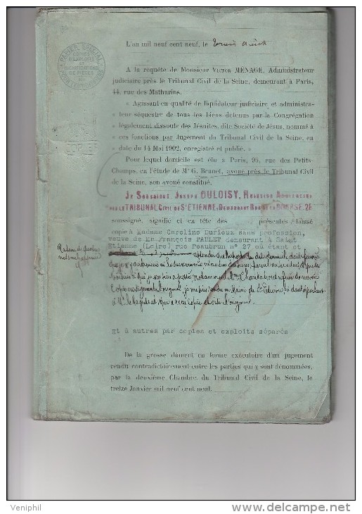 DOCUMENT NOTARIAL  1909 - LIQUIDATION DES BIENS DETENUS PAR LA CONGREGATION DES JESUITES -TRIB CIVIL SEINE - Non Classés