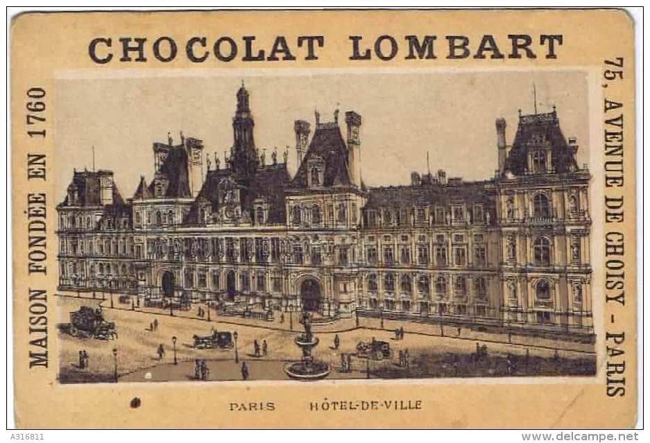 Cromo  CHOCOLAT  LOMBART Paris Hotel De Ville - Lombart