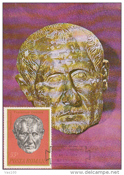 ARCHAEOLOGY, TRAIANUS DECIMUS ROMAN EMEPROR'S STATUE'S HEAD, MAXICARD, CARTES MAXIMUM, OBLIT FDC, 1974, ROMANIA - Archäologie