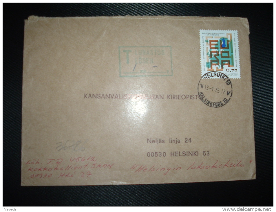 LETTRE TP SECURITE 0,70 OBL.13 1 75 HELSINKI 10 + TAXE Griffe Verte Encadrée T LUNASTUS LOSEN + 1 Mk - Storia Postale