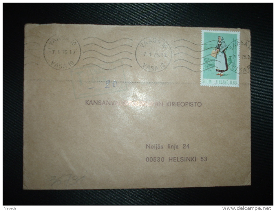 LETTRE TP 0,60 OBL.MEC.7 1 75 VAASA 10 + TAXE Griffe Verte Encadrée T LUNASTUS LOSEN + 20 P - Storia Postale