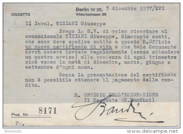 1937 Regio Ufficio Dell'Emigrazione Italiana In Berlino - Franchise