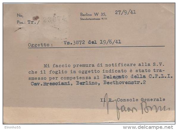 1941 Consolato Generale D'Italia  In Berlino - Franchise
