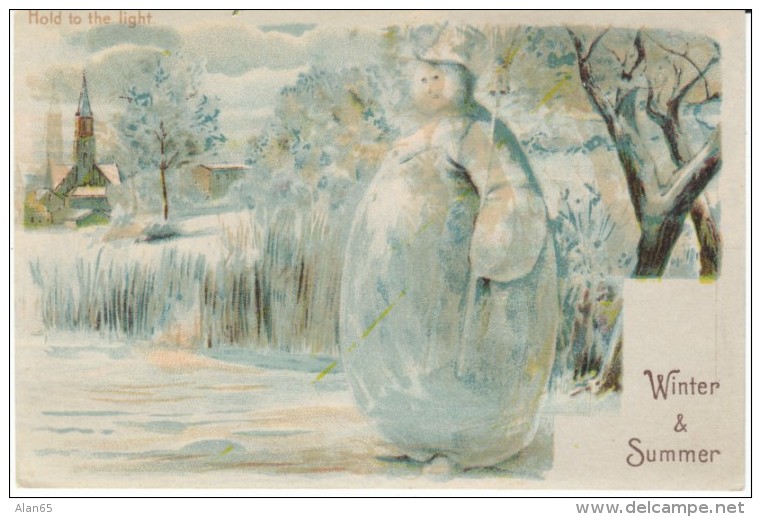 Winter &amp; Summer Scenes, Snowman, C1900s Vintage Hold To Light Postcard - Hold To Light