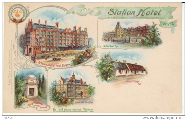 Ayr Scotland, Station Hotel, Various Scenes Glasgow, Dumfries, C1900s Vintage Tuck &amp; Sons Postcard - Ayrshire