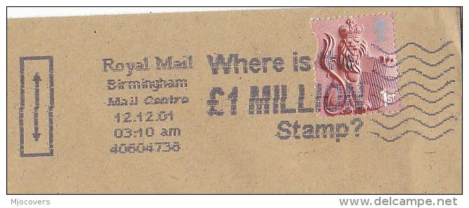 2001 GB COVER Slogan WHERE IS £1 MILLION POUND STAMP Birmingham  Franked 1st LION Lions - Covers & Documents