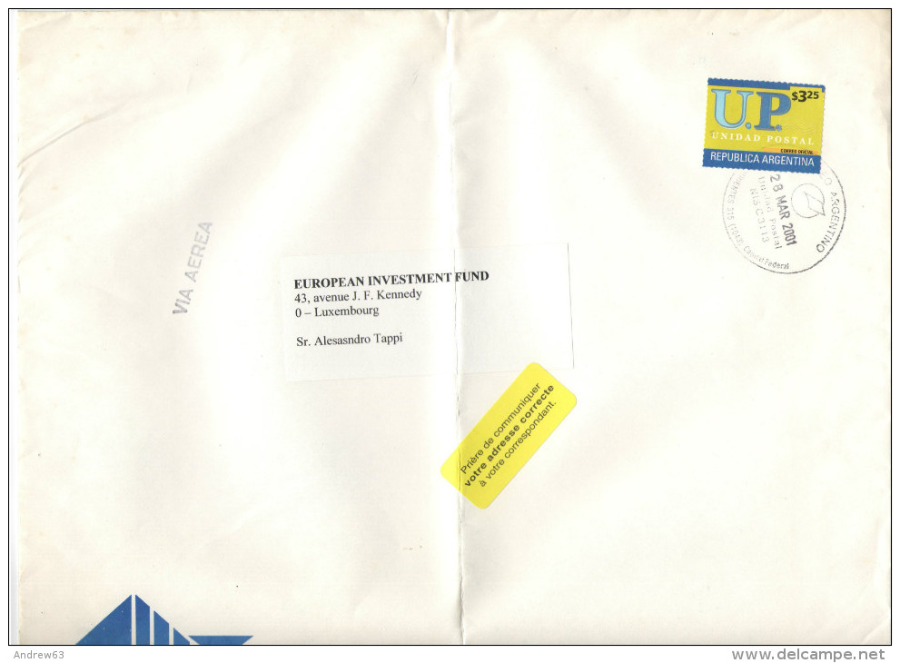 ARGENTINA - 2001 - Airmail - Large Envelope - Union Postal 3,25 - Viaggiata Da Buenos Aires Per Luxembourg - Cartas & Documentos