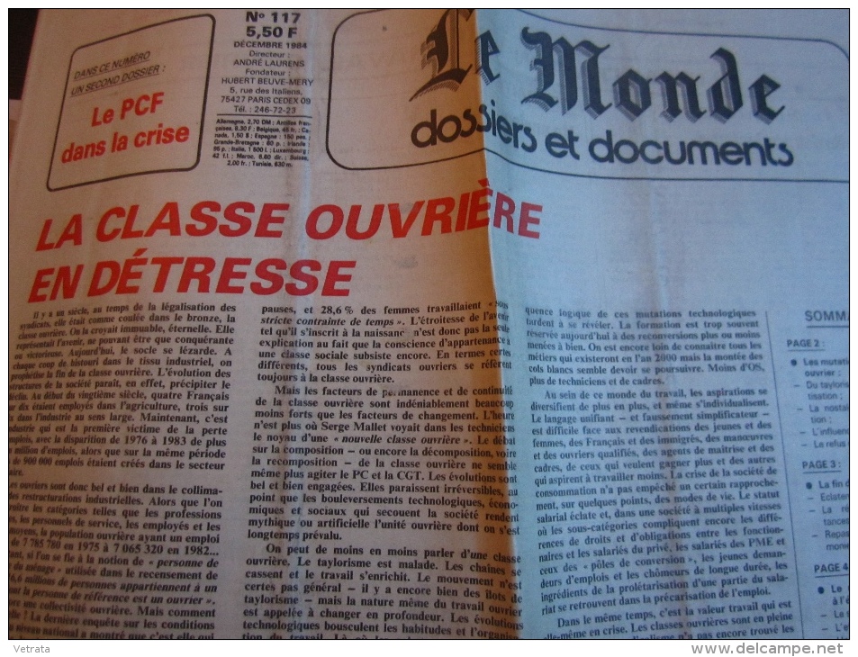 Le Monde Dossiers & Documents N°117 (1984) : La Classe Ouvrière En Détresse (4 Pages, Uniquement Ce Dossier) - Giornali - Ante 1800