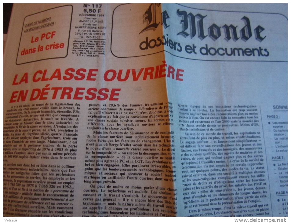 Le Monde Dossiers & Documents N°117 (1984) : La Classe Ouvrière En Détresse (4 Pages, Uniquement Ce Dossier) - Zeitungen - Vor 1800